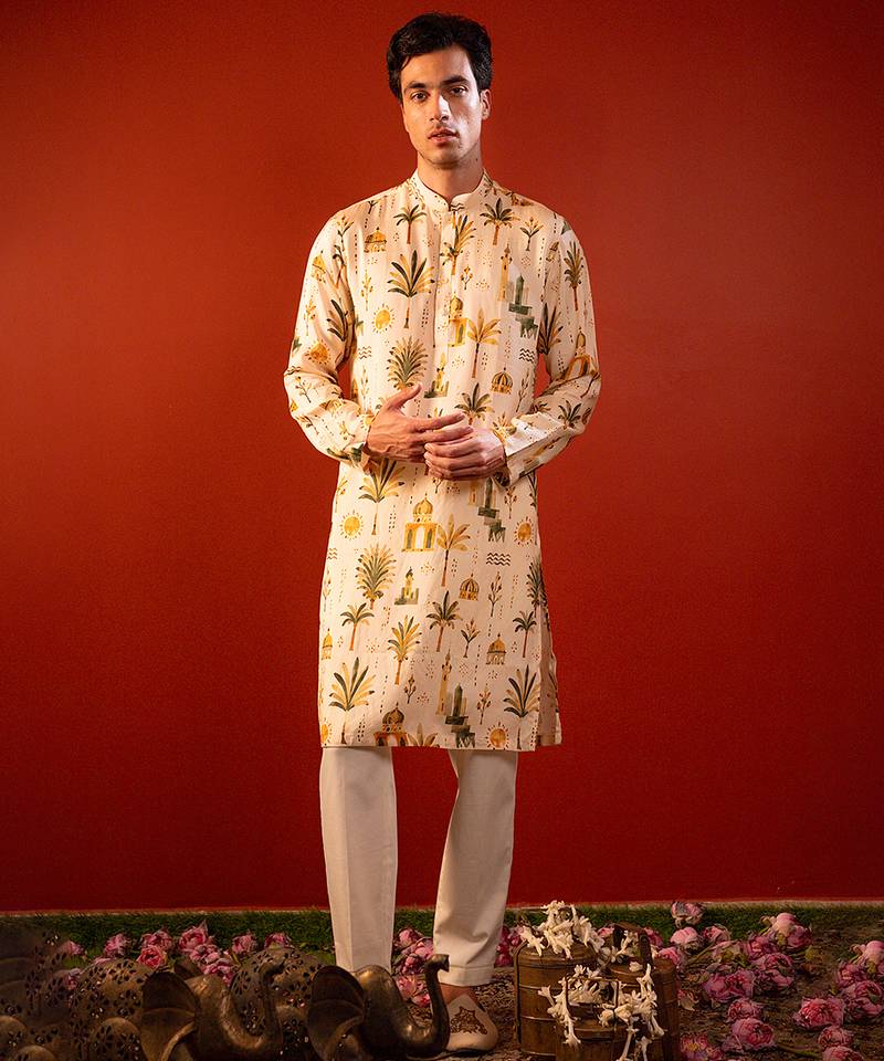 Cream beige printed raw silk kurta