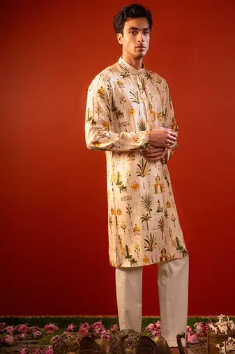Cream beige printed raw silk kurta
