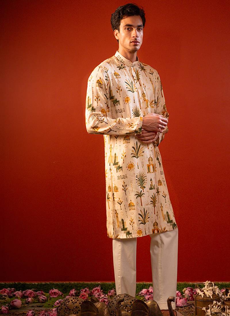 Cream beige printed raw silk kurta