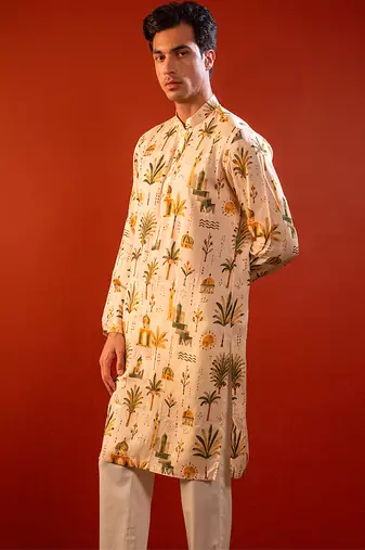 Cream beige printed raw silk kurta
