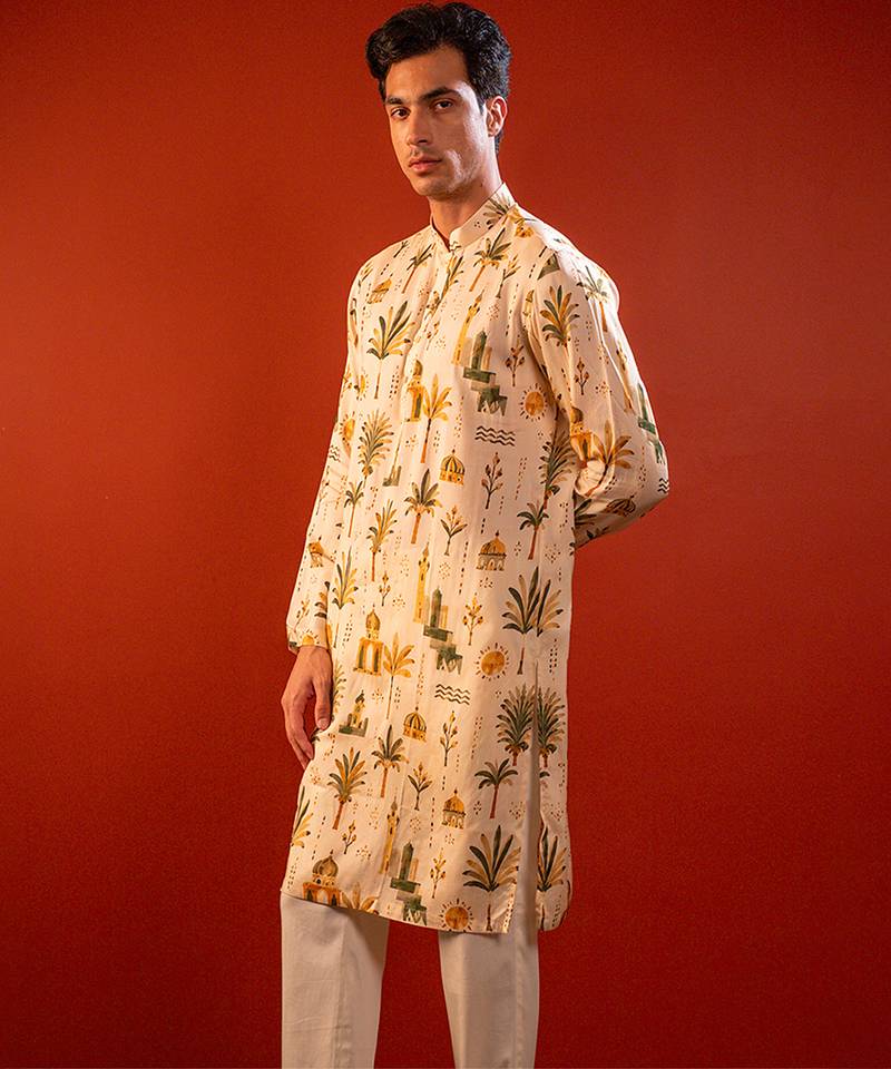 Cream beige printed raw silk kurta