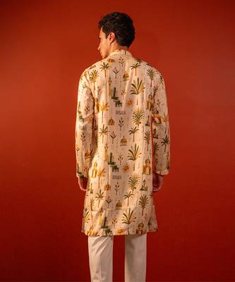 Cream beige printed raw silk kurta 5