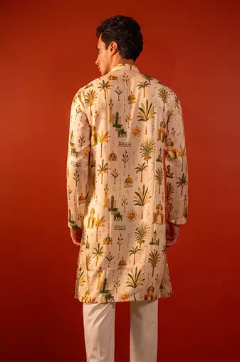 Cream beige printed raw silk kurta