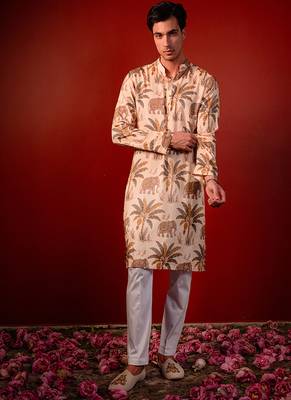 Cream beige printed raw silk kurta 1