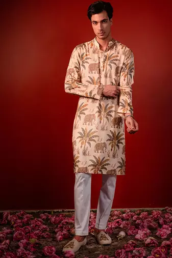 Cream beige printed raw silk kurta