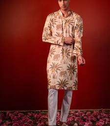 Cream beige printed raw silk kurta