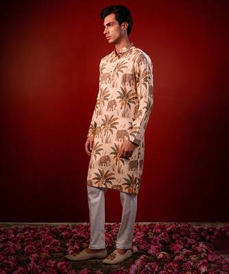 Cream beige printed raw silk kurta 2