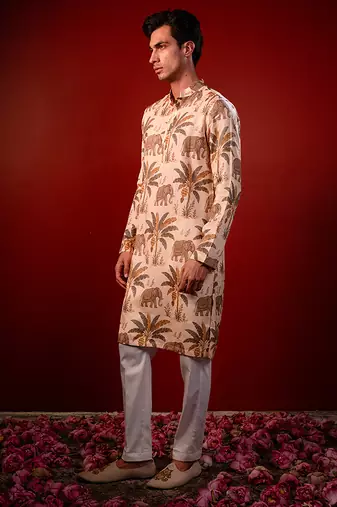 Cream beige printed raw silk kurta