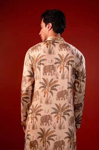 Cream beige printed raw silk kurta