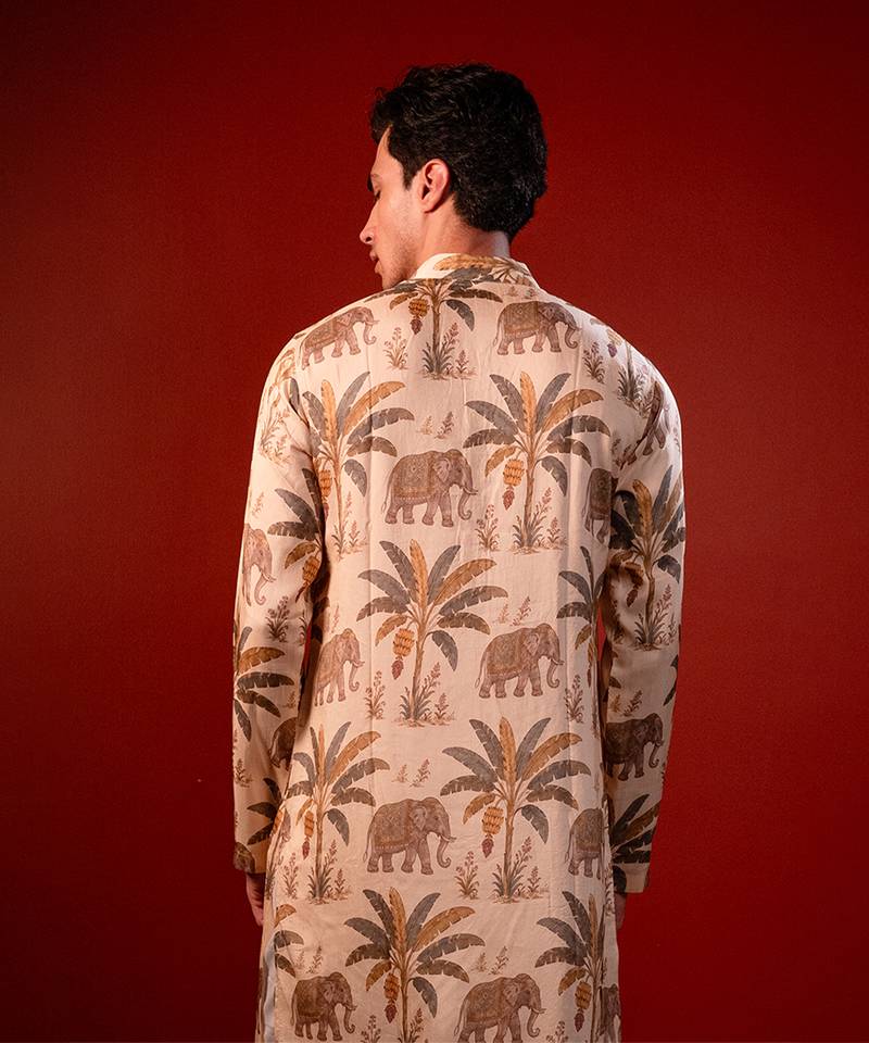 Cream beige printed raw silk kurta
