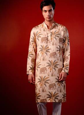 Cream beige printed raw silk kurta 4