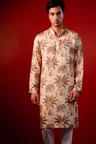Cream beige printed raw silk kurta