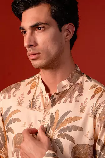 Cream beige printed raw silk kurta