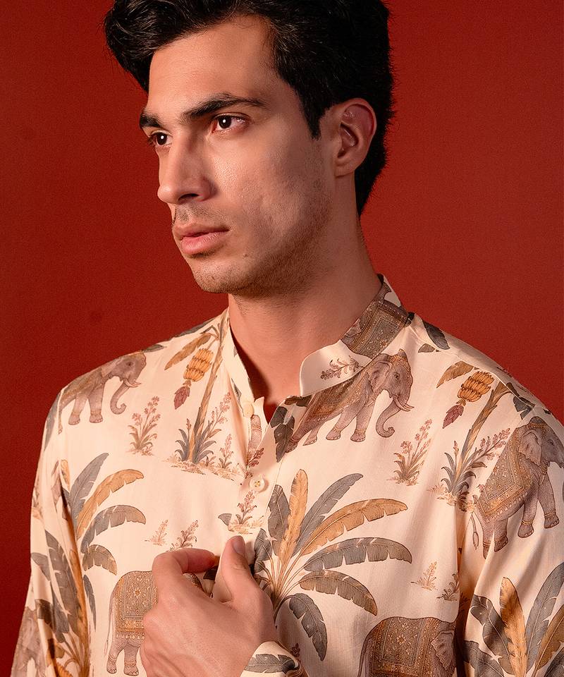 Cream beige printed raw silk kurta