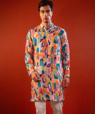 Multicolor printed raw silk kurta 1