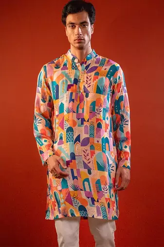 Multicolor printed raw silk kurta