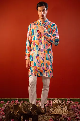 Multicolor printed raw silk kurta