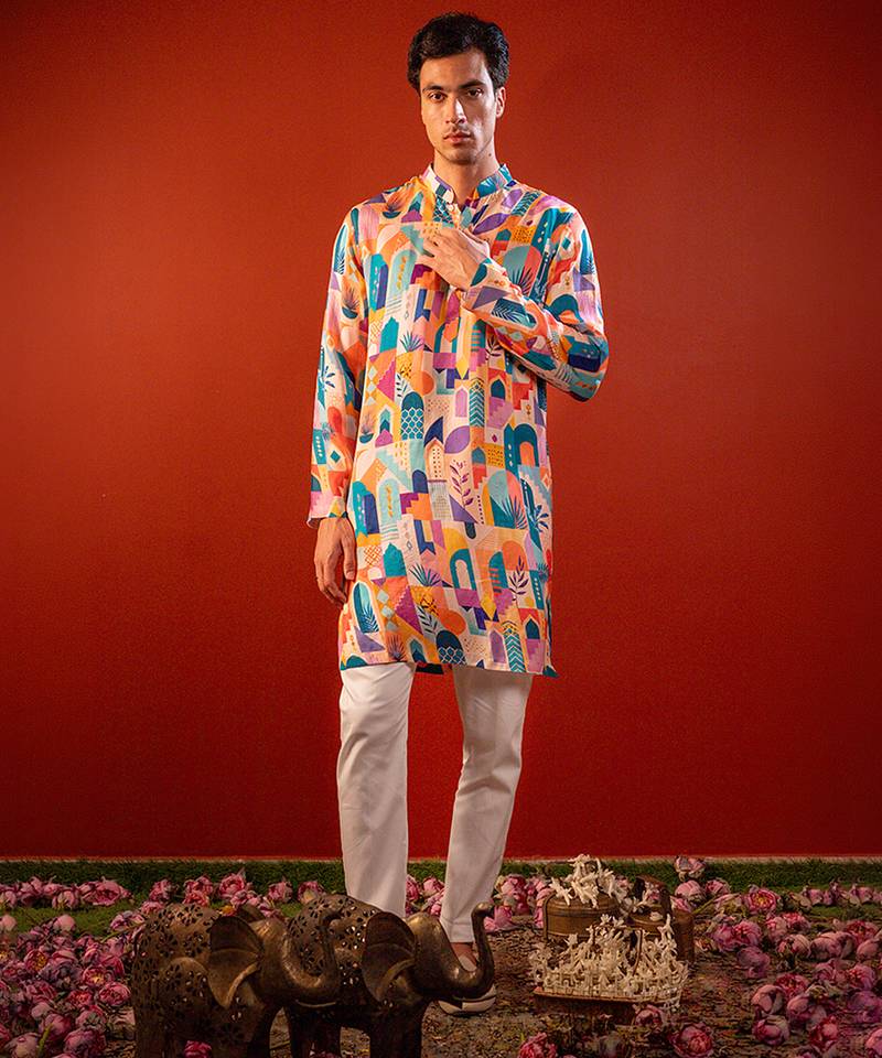Multicolor printed raw silk kurta