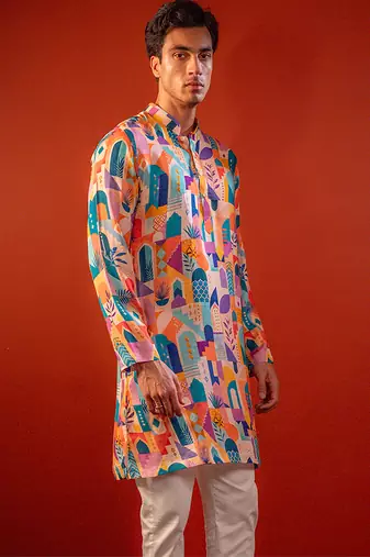 Multicolor printed raw silk kurta