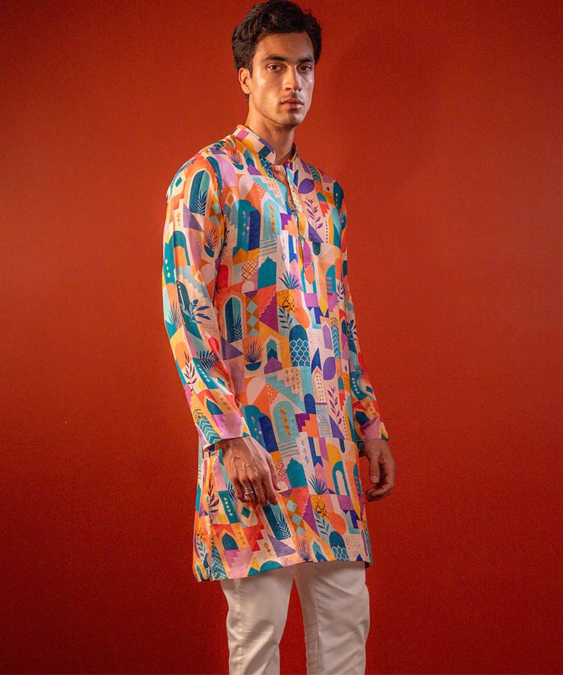 Multicolor printed raw silk kurta