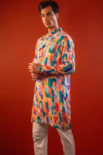 Multicolor printed raw silk kurta