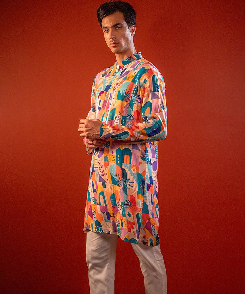 Multicolor printed raw silk kurta