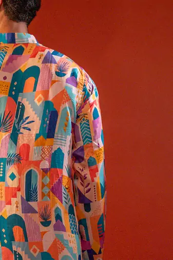Multicolor printed raw silk kurta