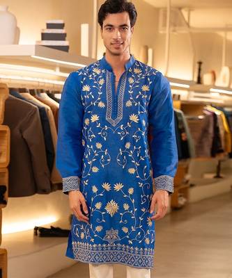 Blue embroidered raw silk kurta 1