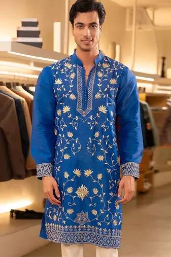Blue embroidered raw silk kurta