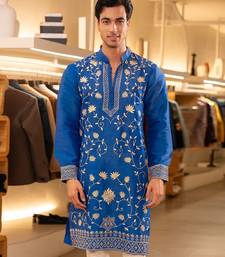 Blue embroidered raw silk kurta