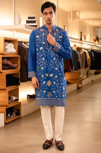 Blue embroidered raw silk kurta