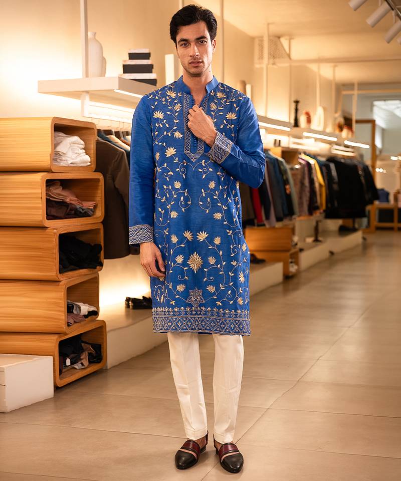 Blue embroidered raw silk kurta