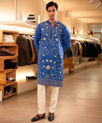 Blue embroidered raw silk kurta 3