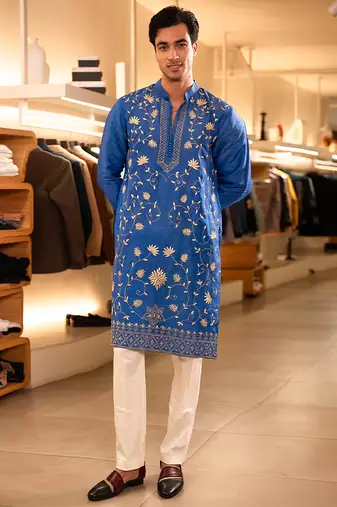 Blue embroidered raw silk kurta