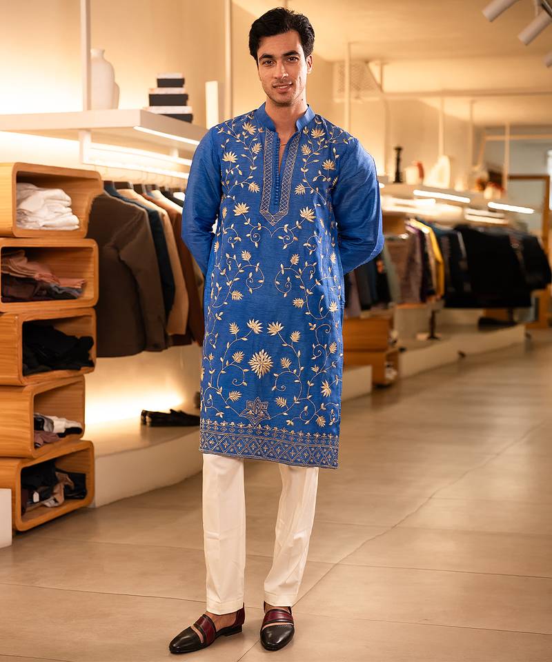 Blue embroidered raw silk kurta