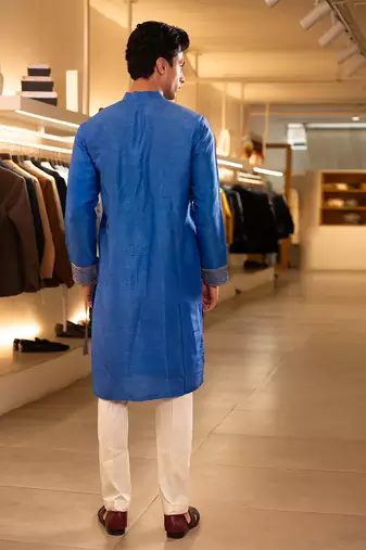 Blue embroidered raw silk kurta