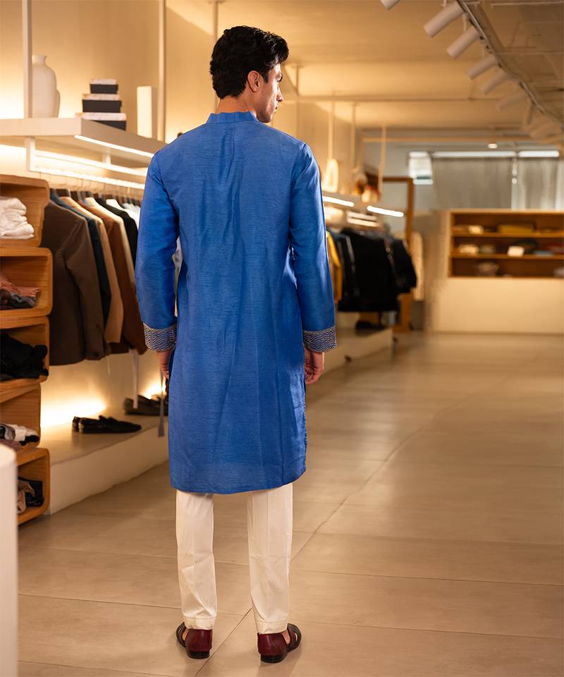 Blue embroidered raw silk kurta