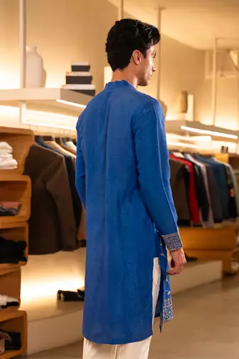 Blue embroidered raw silk kurta