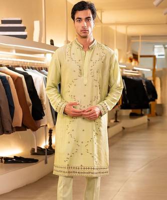 Green embroidered raw silk kurta 1
