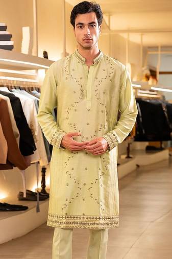 Green embroidered raw silk kurta