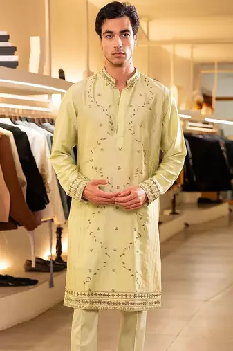 Green embroidered raw silk kurta