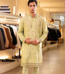 Green embroidered raw silk kurta