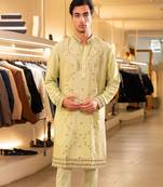 Green embroidered raw silk kurta