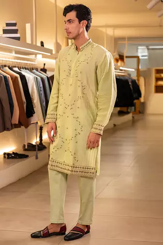 Green embroidered raw silk kurta