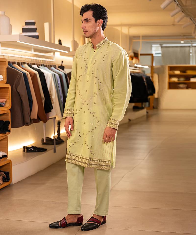 Green embroidered raw silk kurta
