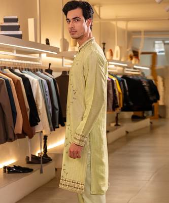Green embroidered raw silk kurta 3