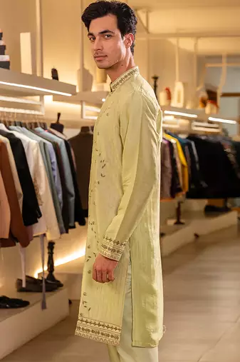 Green embroidered raw silk kurta