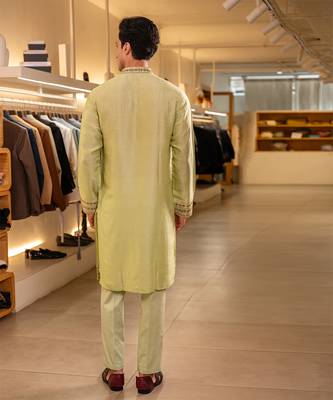 Green embroidered raw silk kurta 4