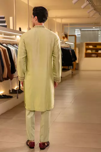 Green embroidered raw silk kurta