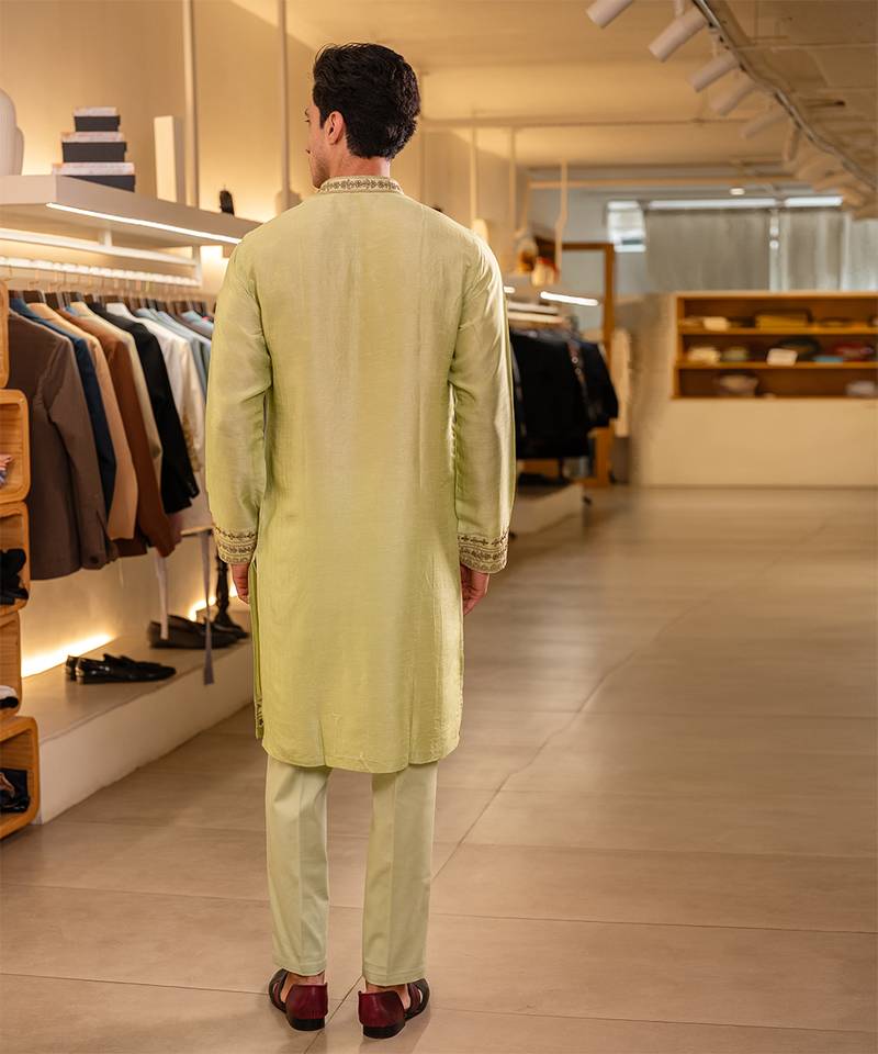 Green embroidered raw silk kurta